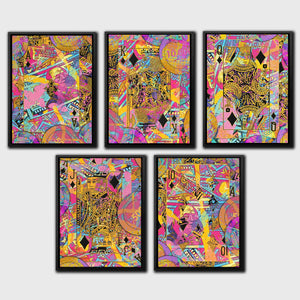 a set of four colorful abstract paintings on a wall