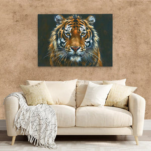 a painting of a tiger on a wall above a couch