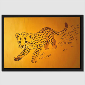 a painting of a cheetah running on a yellow background