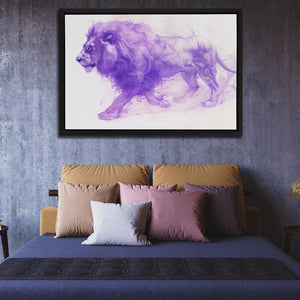 a picture of a lion on a wall above a bed