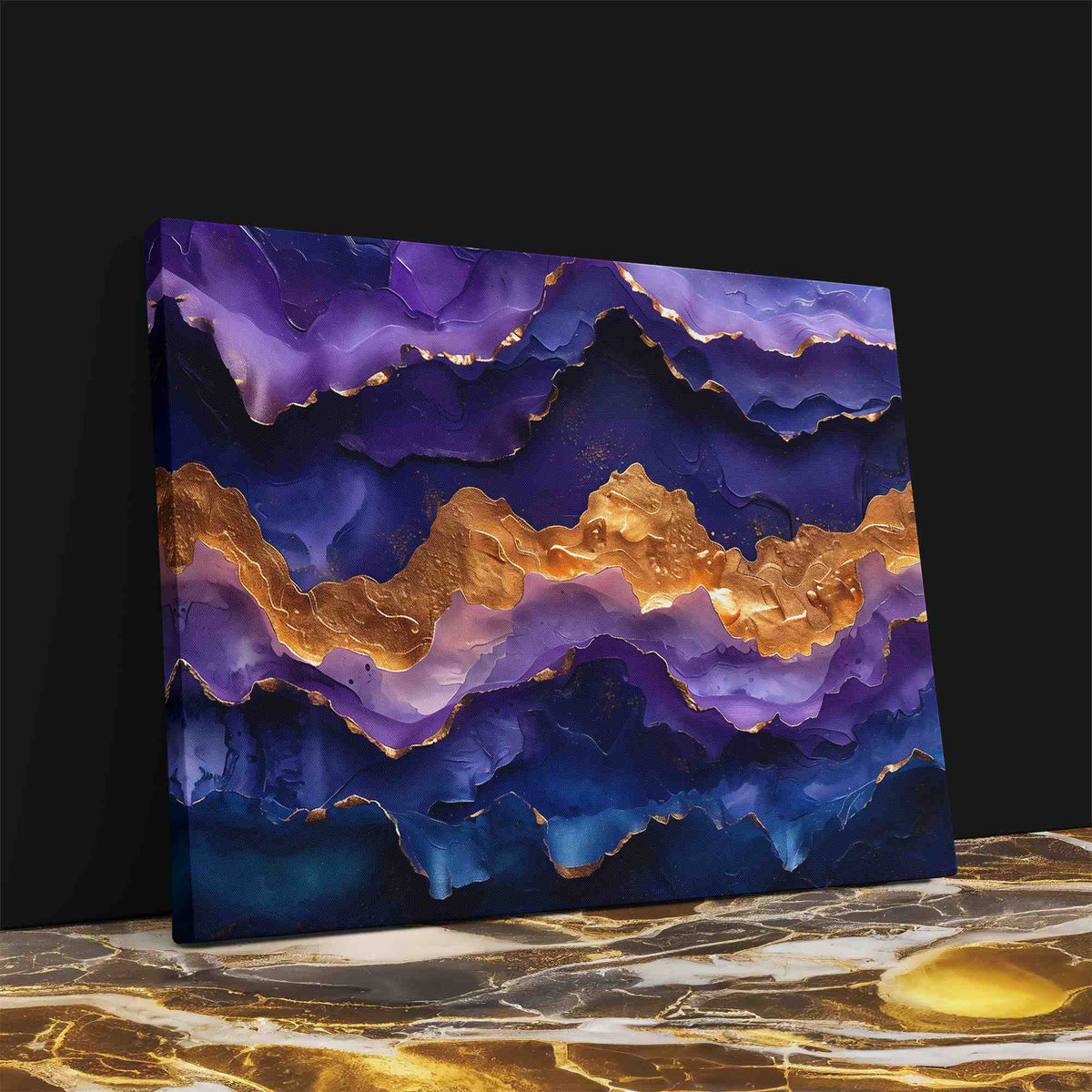 a painting on a table with a black background