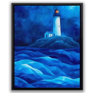 a painting of a lighthouse in the middle of the ocean