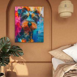 a painting of a dog on a wall above a bed