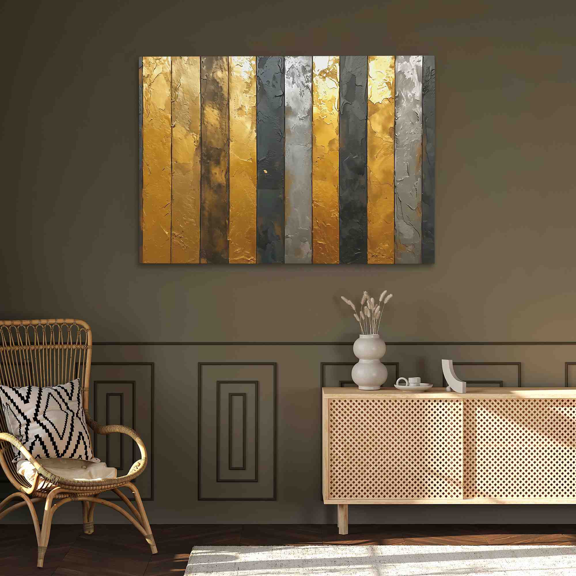 a painting of gold and black stripes on a white wall