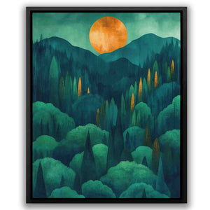 a painting of a forest with a full moon