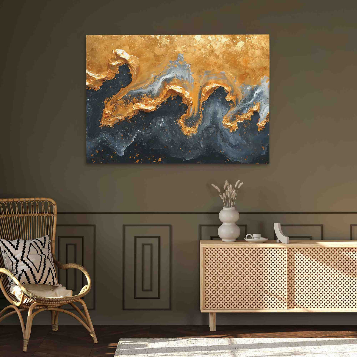 a living room with a large painting on the wall