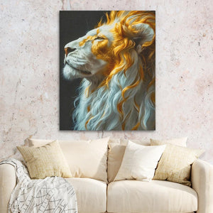 a painting of a lion on a wall above a couch