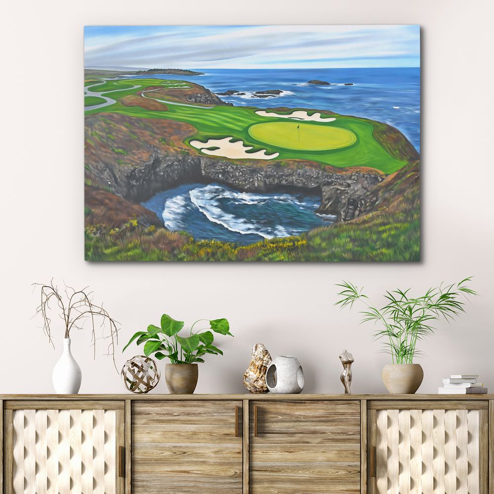 a painting of a golf course near the ocean