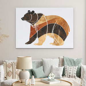 a living room with a couch, coffee table and a bear painting on the wall