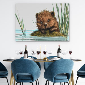 a painting of a beaver on a wall above a table