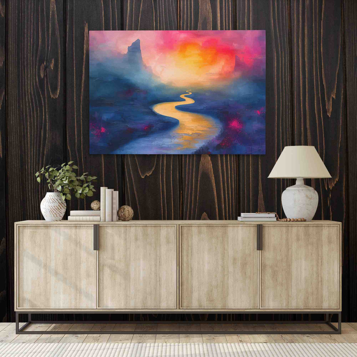 a painting hanging on a wall next to a sideboard