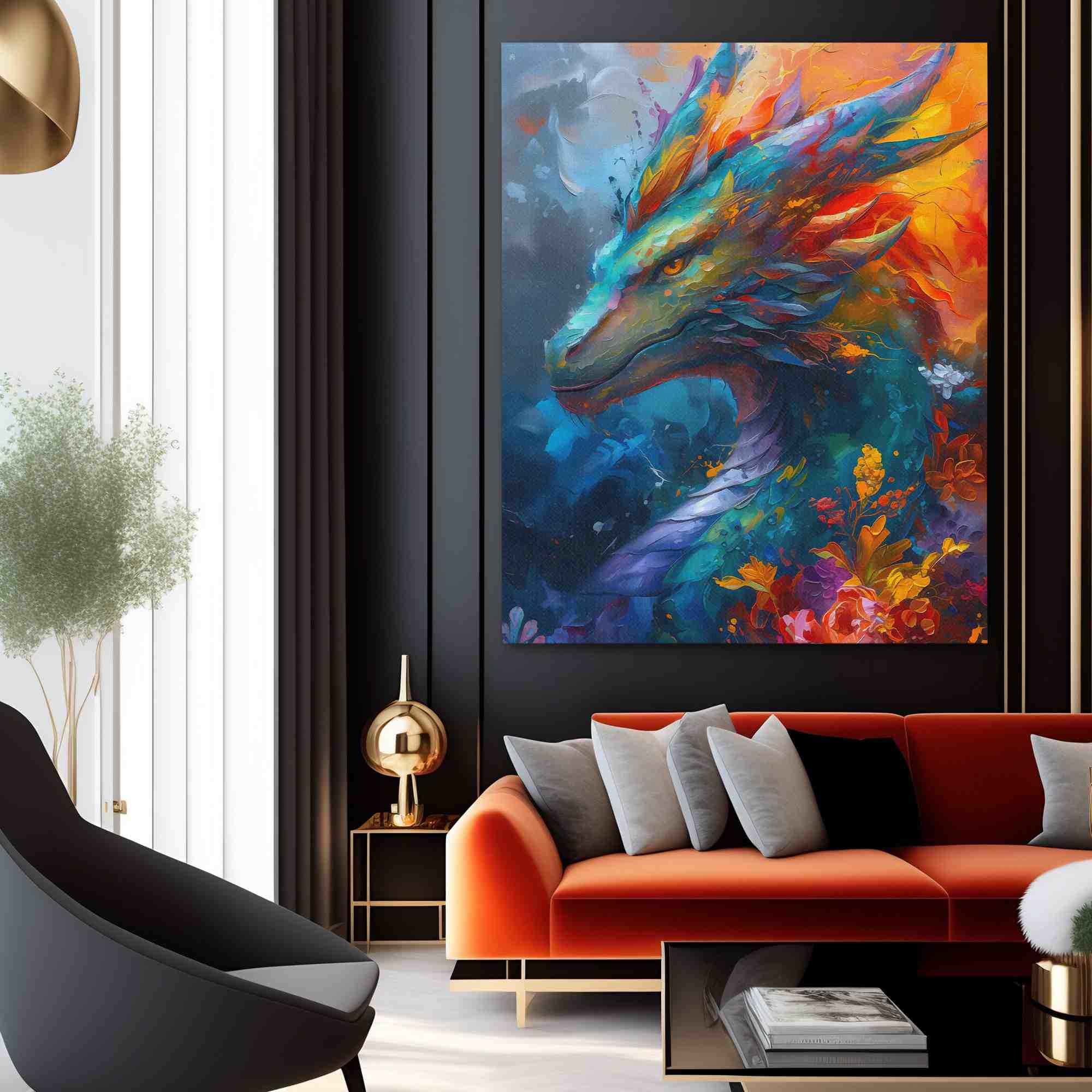 a painting of a colorful dragon on a canvas