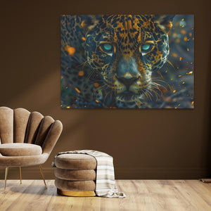 a painting of a leopard's face on a brown wall