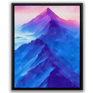 a painting of a mountain with blue and pink colors