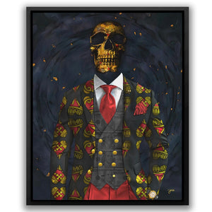 a painting of a skeleton wearing a suit and tie