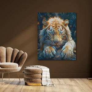 a painting of a tiger sitting in a room