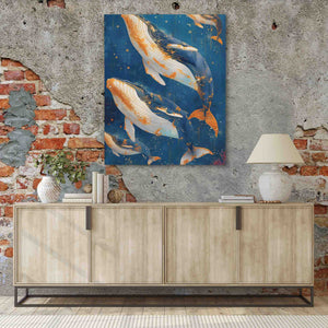 a painting of gold fish on a blue background