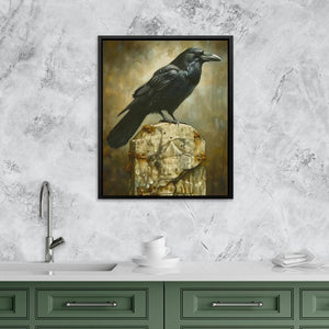 a painting of a black bird sitting on top of a rock