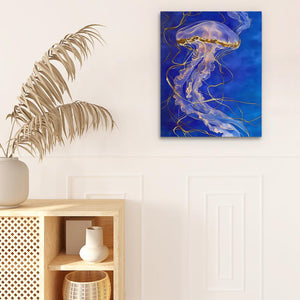 a painting of a jellyfish on a blue background