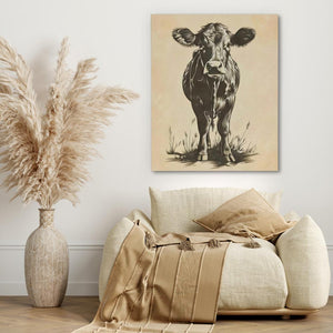 a picture of a cow on a wall above a couch