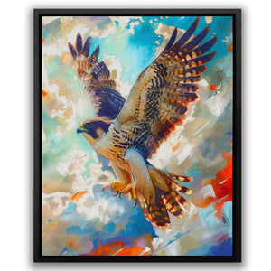 a painting of a hawk flying through the sky
