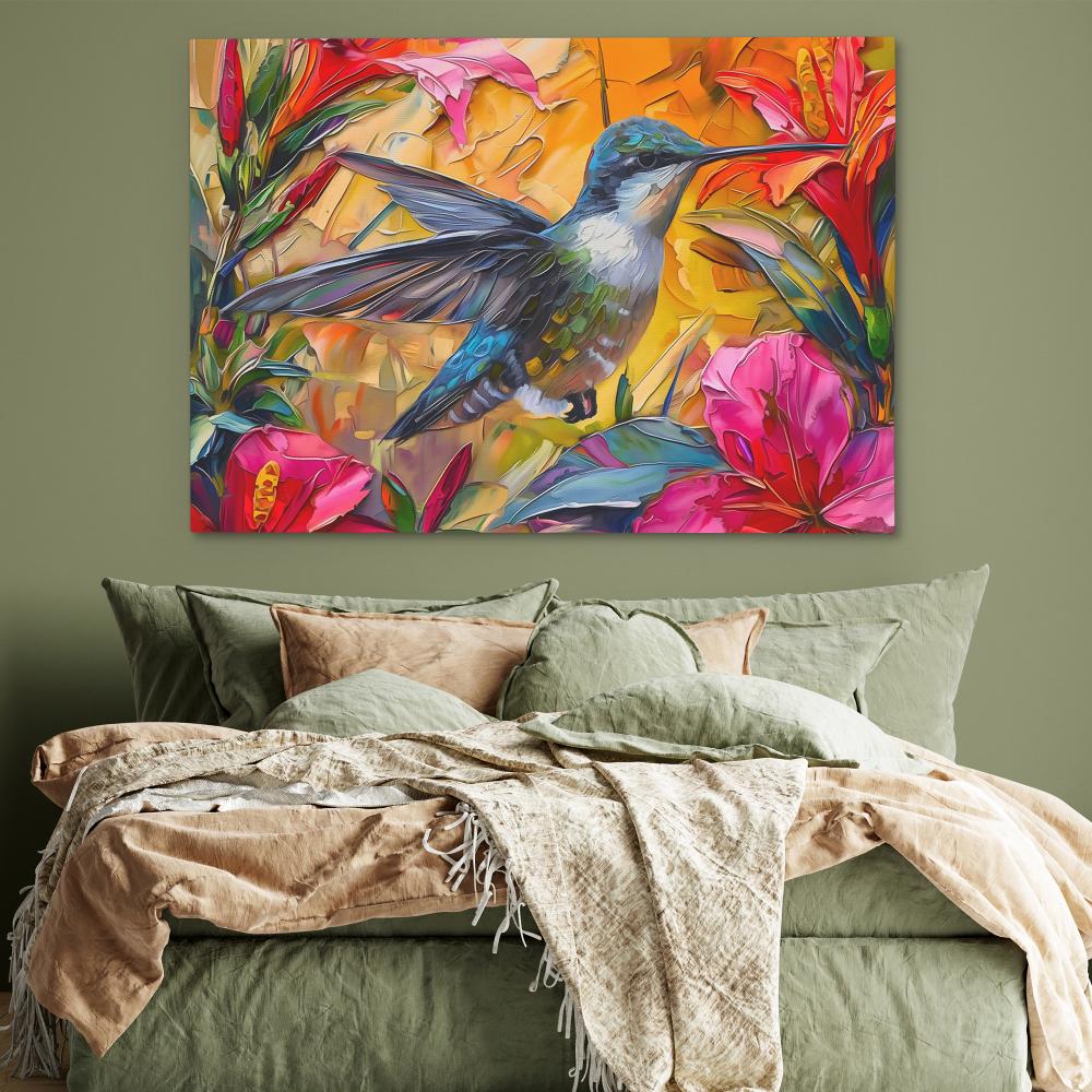 a painting of a hummingbird sitting on a flowery branch