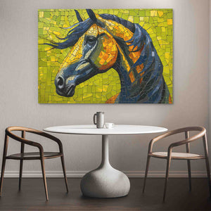 a painting of a horse on a wall above a table