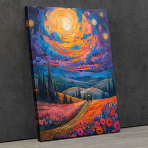 a painting of a painting of a road leading to a sunset