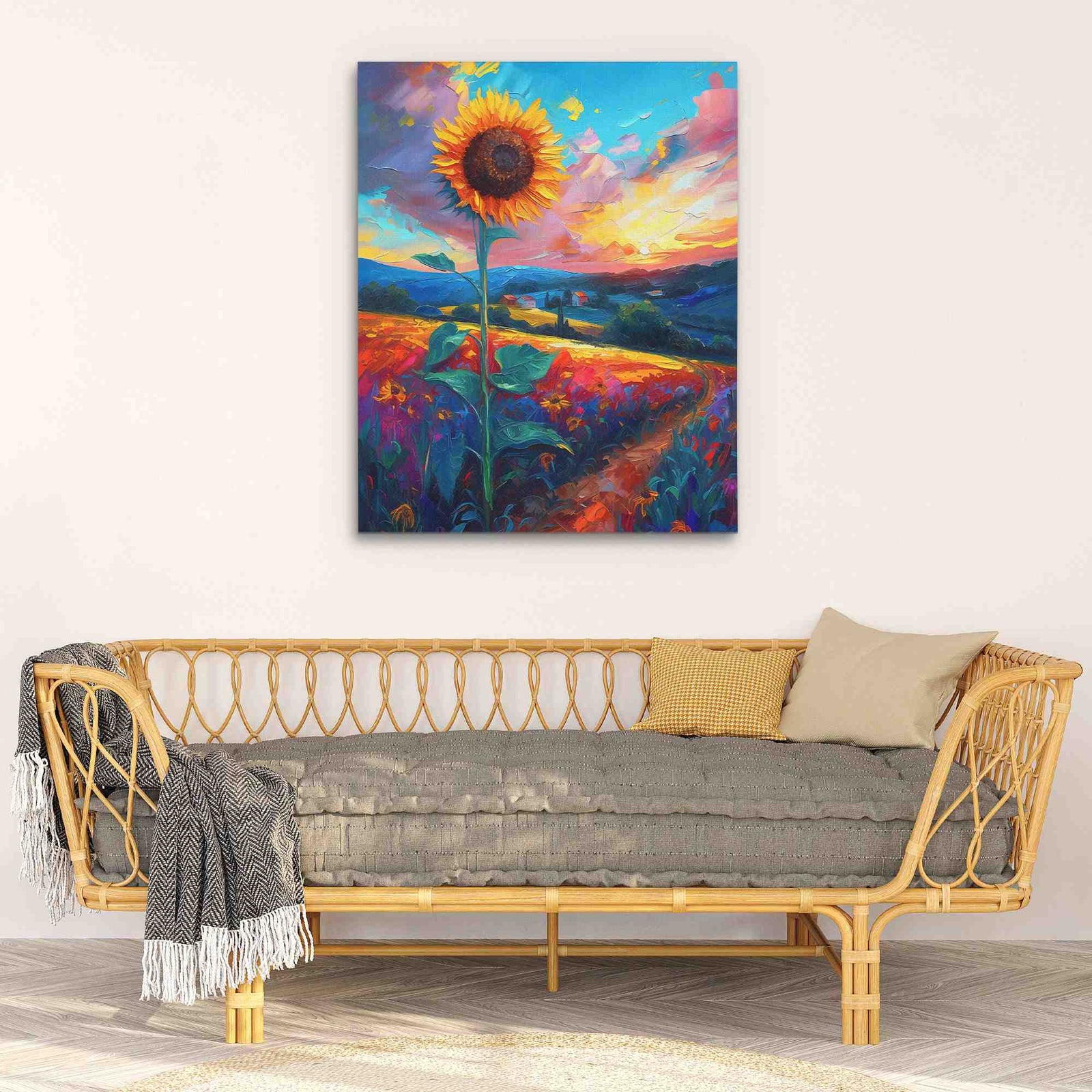 a painting of a sunflower on a wall above a couch