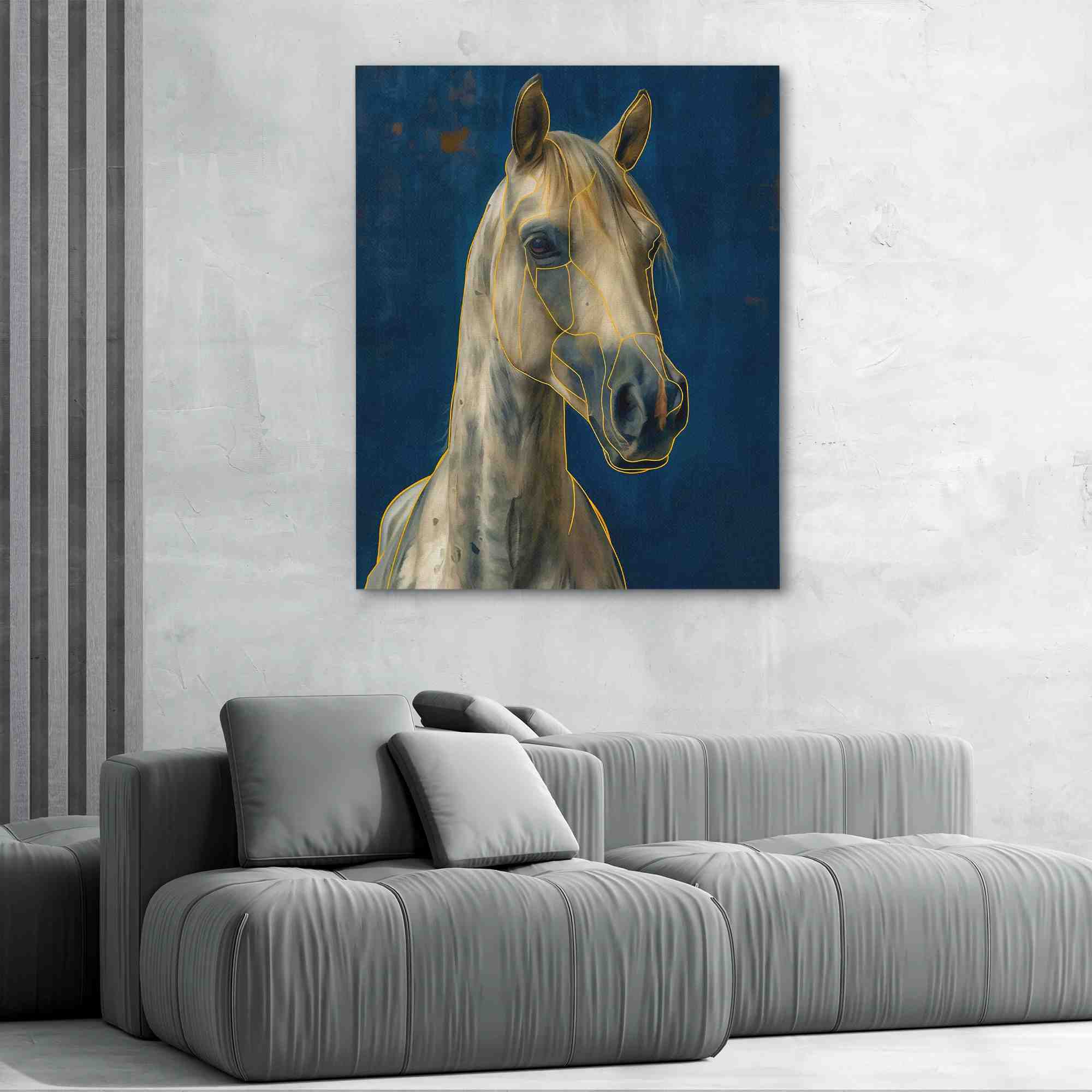 a painting of a white horse on a blue background