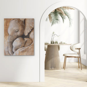 a painting of a baby elephant hugging it's mother