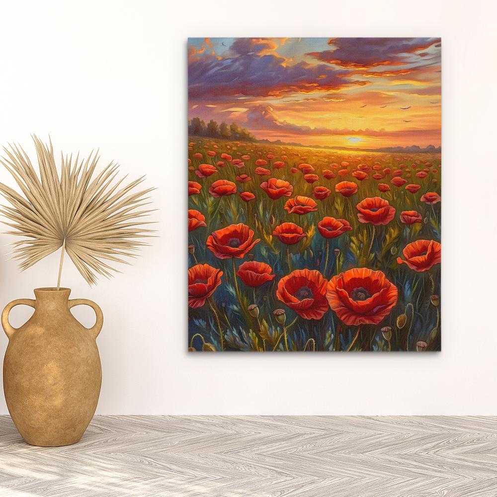 a painting of a sunset over a field of poppies