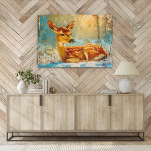 a painting of a deer is hanging on a wall