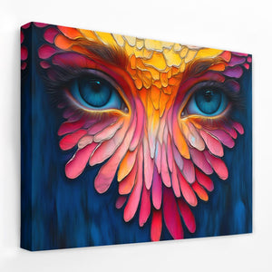 a painting of an owl's eye with colorful feathers