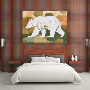 a bedroom with a painting of a bear on the wall