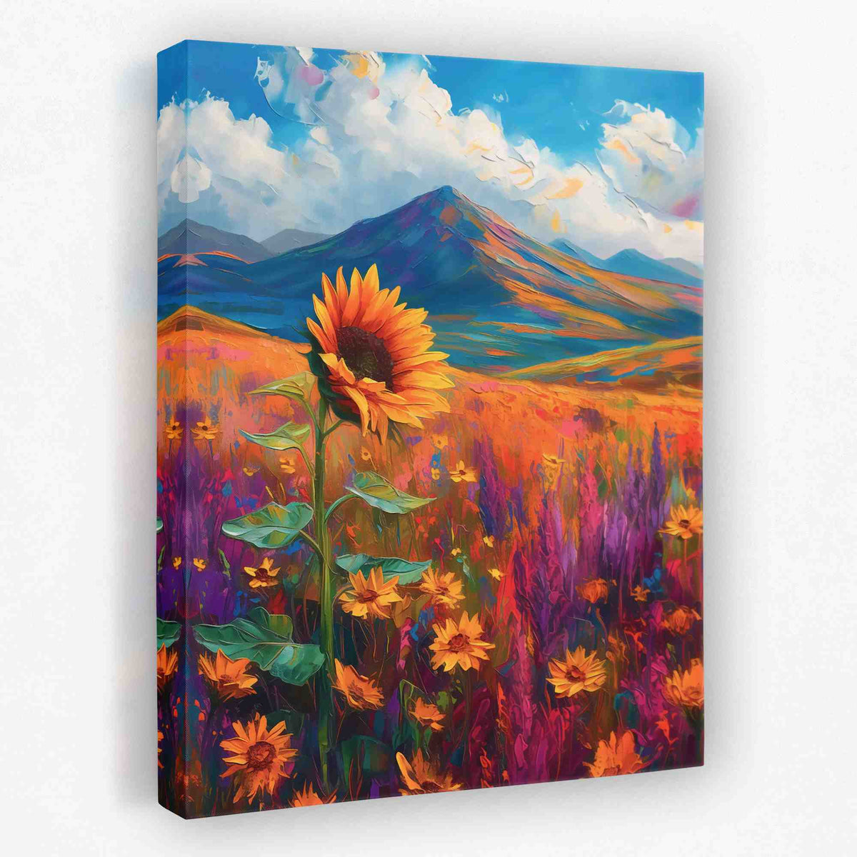 a painting of a sunflower in a field with mountains in the background