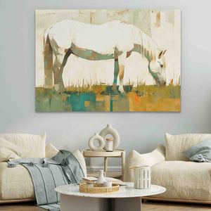 a painting of a white horse in a living room