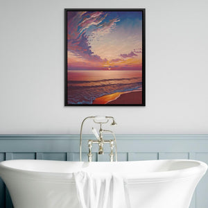 a bathroom with a bathtub and a painting on the wall