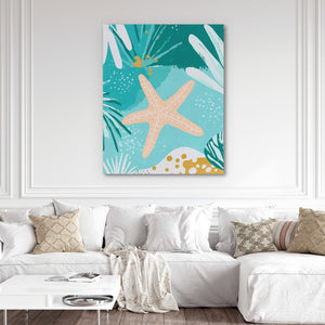 a living room with a white couch and a starfish painting on the wall