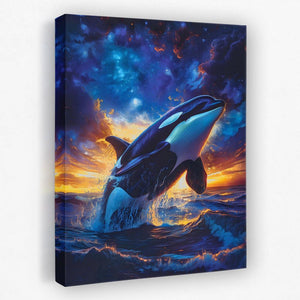 a painting of an orca jumping out of the water