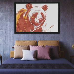 a painting of a bear hangs above a bed