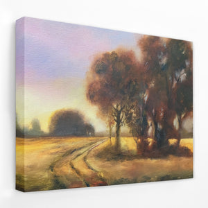 a painting of a country road with trees