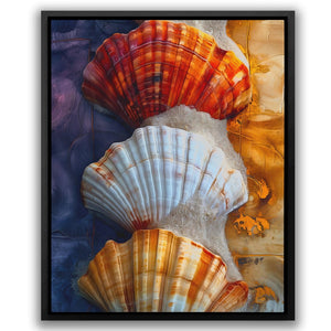 three seashells are shown in a black frame