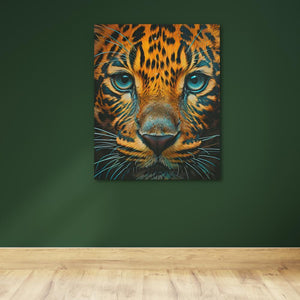 a painting of a tiger's face on a green wall