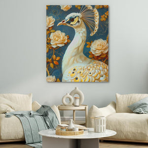 a painting of a peacock in a living room