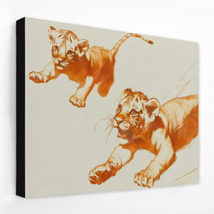 a painting of two tigers on a white wall