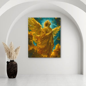 a painting of an angel on a wall next to a vase