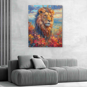 a living room with a couch and a painting of a lion