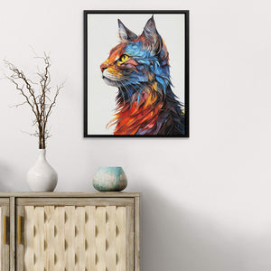 a painting of a cat on a wall above a cabinet