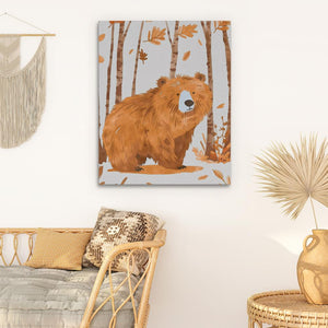 a painting of a brown bear in a forest